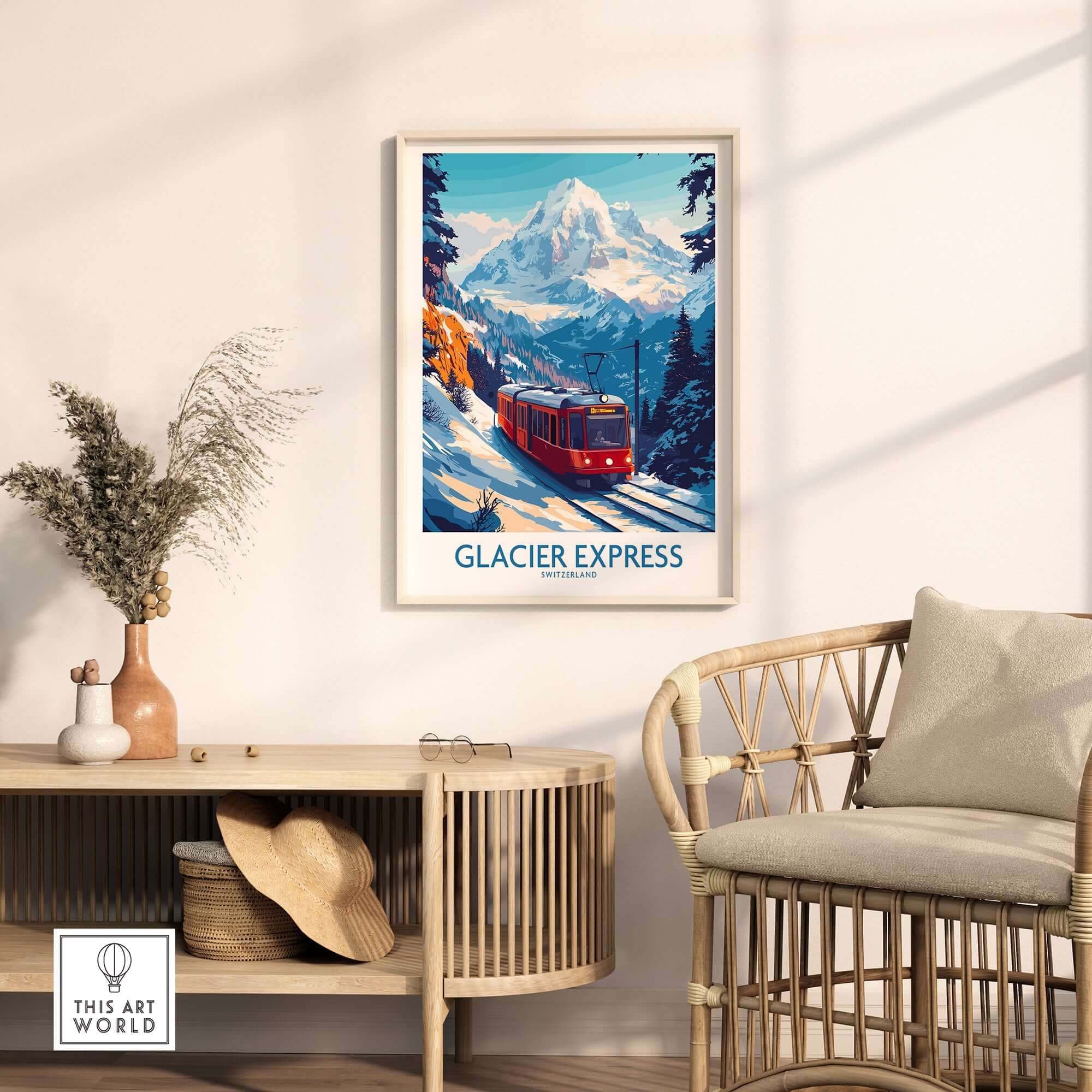 Glacier Express Travel Poster showcasing a scenic train ride in the Swiss Alps with snow-capped mountains.