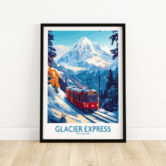 Glacier Express Travel Poster featuring a scenic train ride through the Swiss Alps with mountain backdrop.