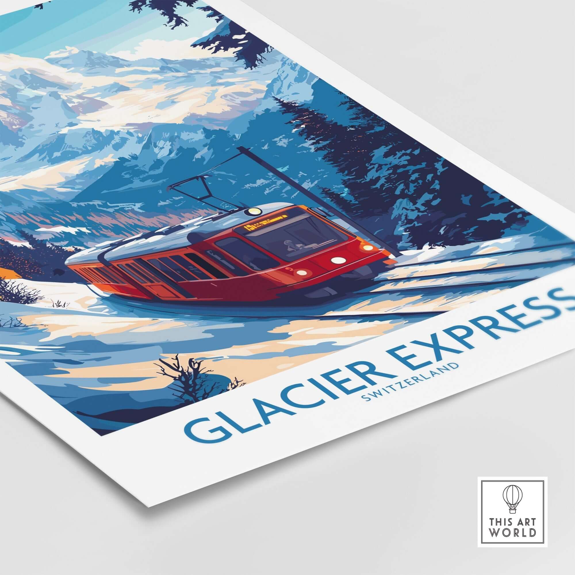 Glacier Express Travel Poster showcasing a red train in the Swiss Alps with snow-capped mountains in the background.