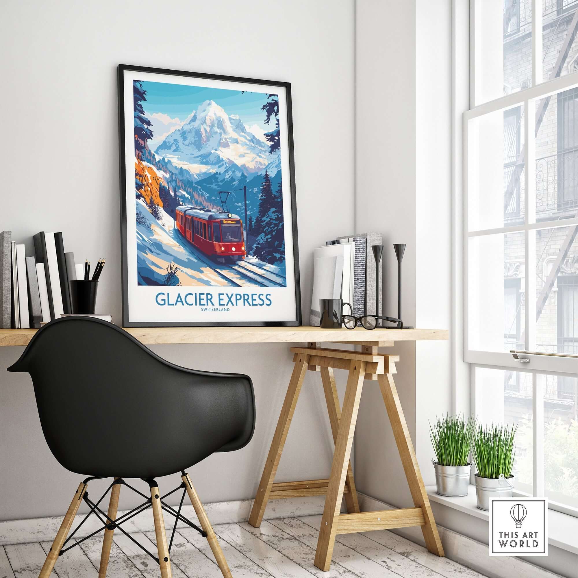 Glacier Express Travel Poster showcasing a red train amidst snow-capped Swiss Alps, perfect for home decor and adventure inspiration.