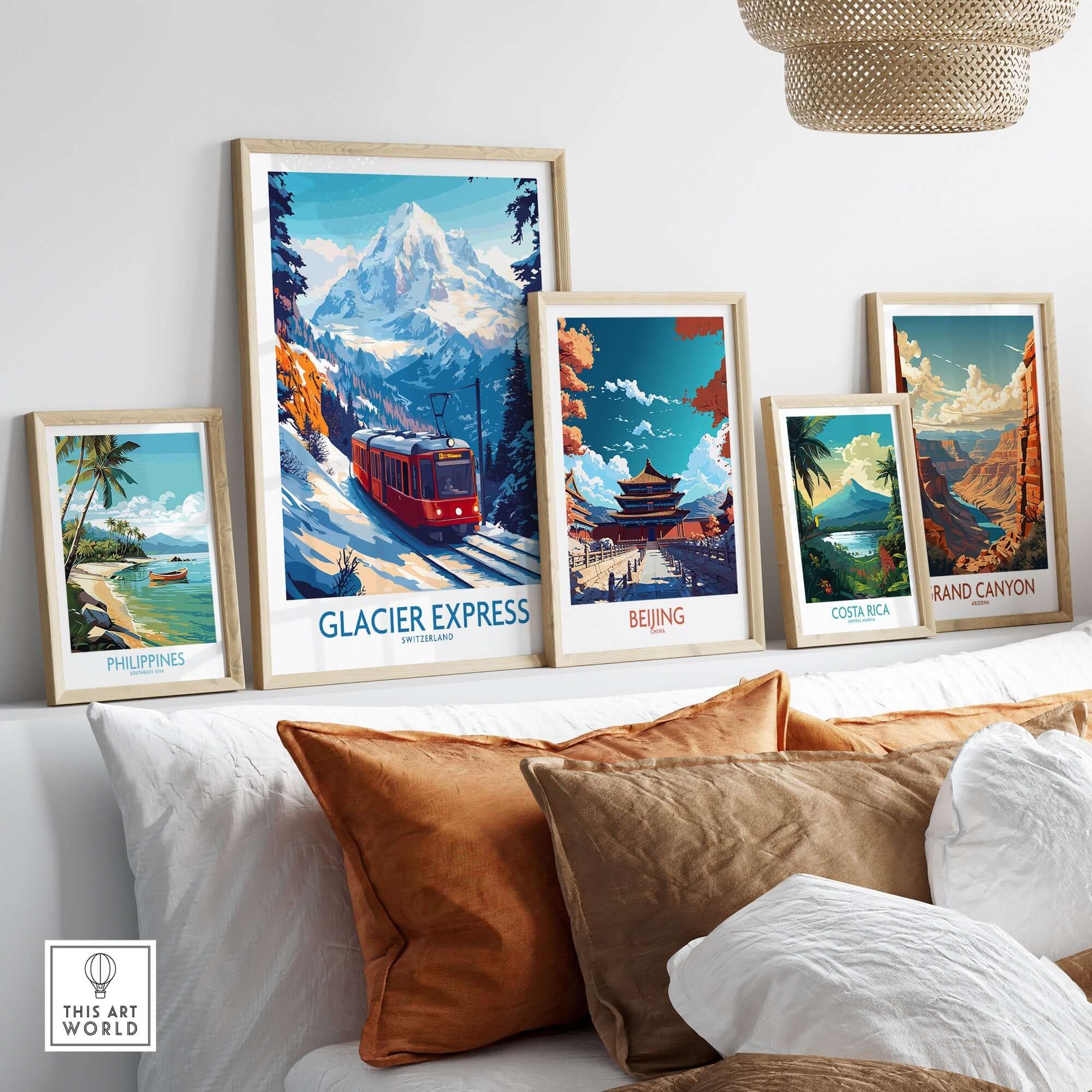Glacier Express Travel Poster displayed among other travel posters in a stylish interior setting.