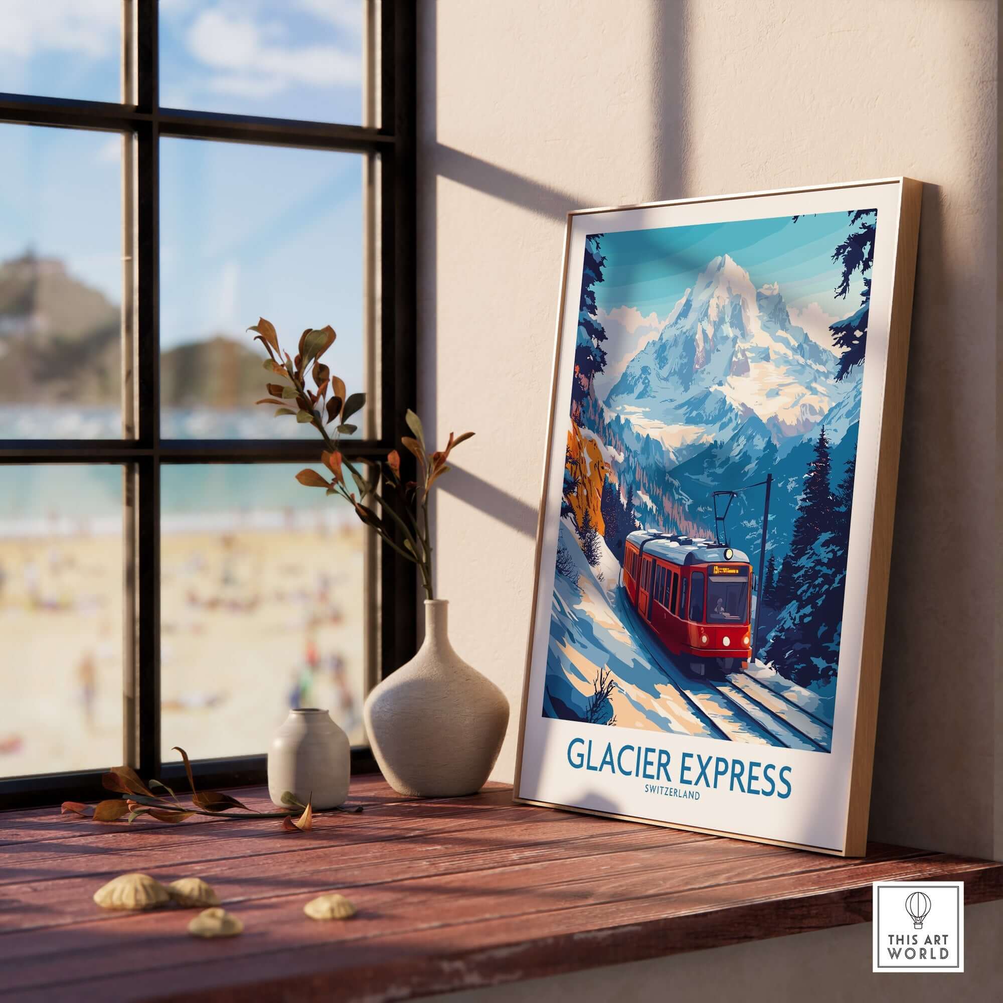 Glacier Express Travel Poster showcasing a scenic train ride through the Swiss Alps with beautiful snow-capped mountains.