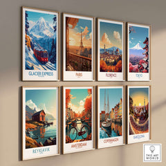 Glacier Express Travel Poster and other city travel posters showcasing scenic landscapes and landmarks.