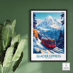 Glacier Express Travel Poster featuring a scenic train ride through the Swiss Alps and snow-capped mountains.