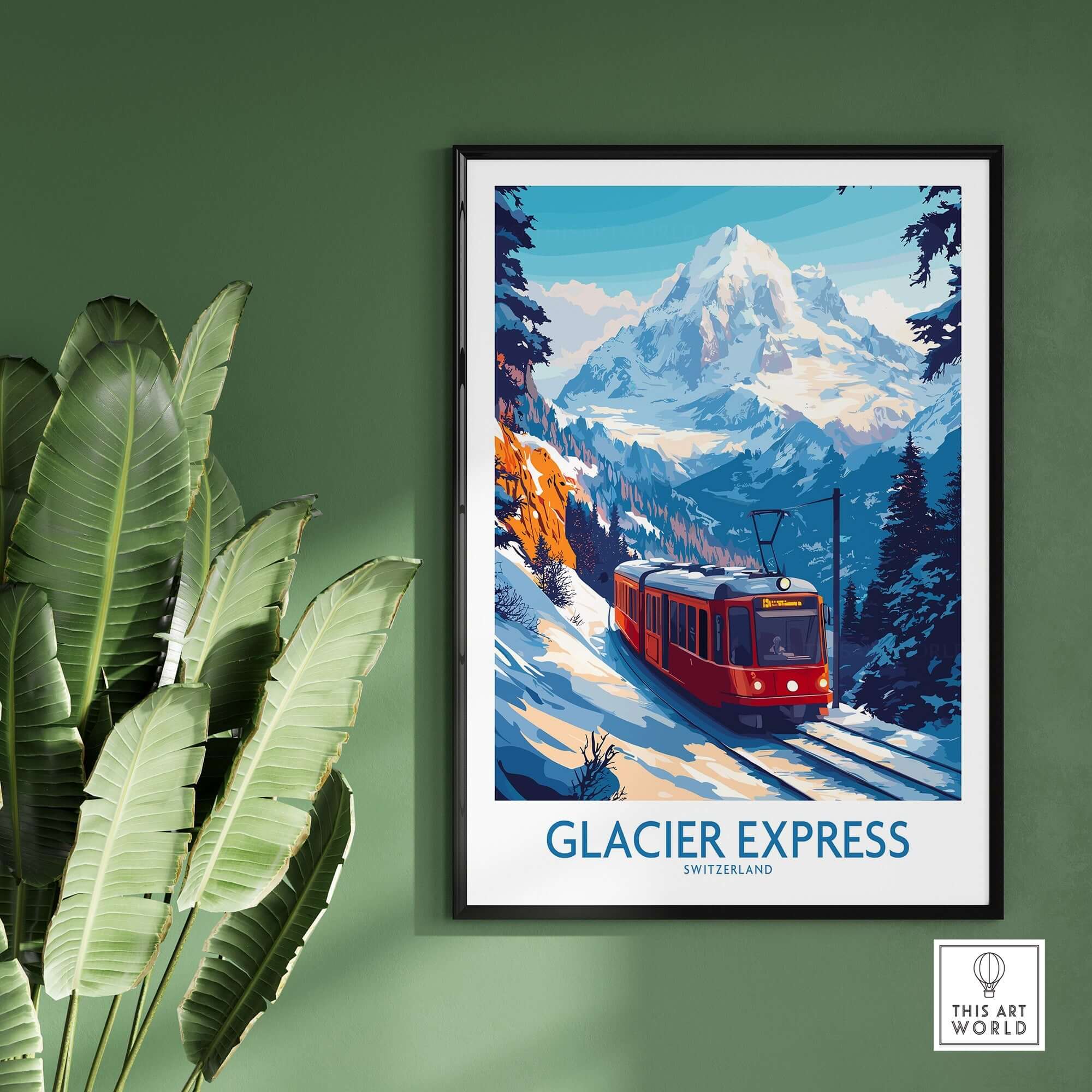 Glacier Express Travel Poster featuring a scenic train ride through the Swiss Alps and snow-capped mountains.