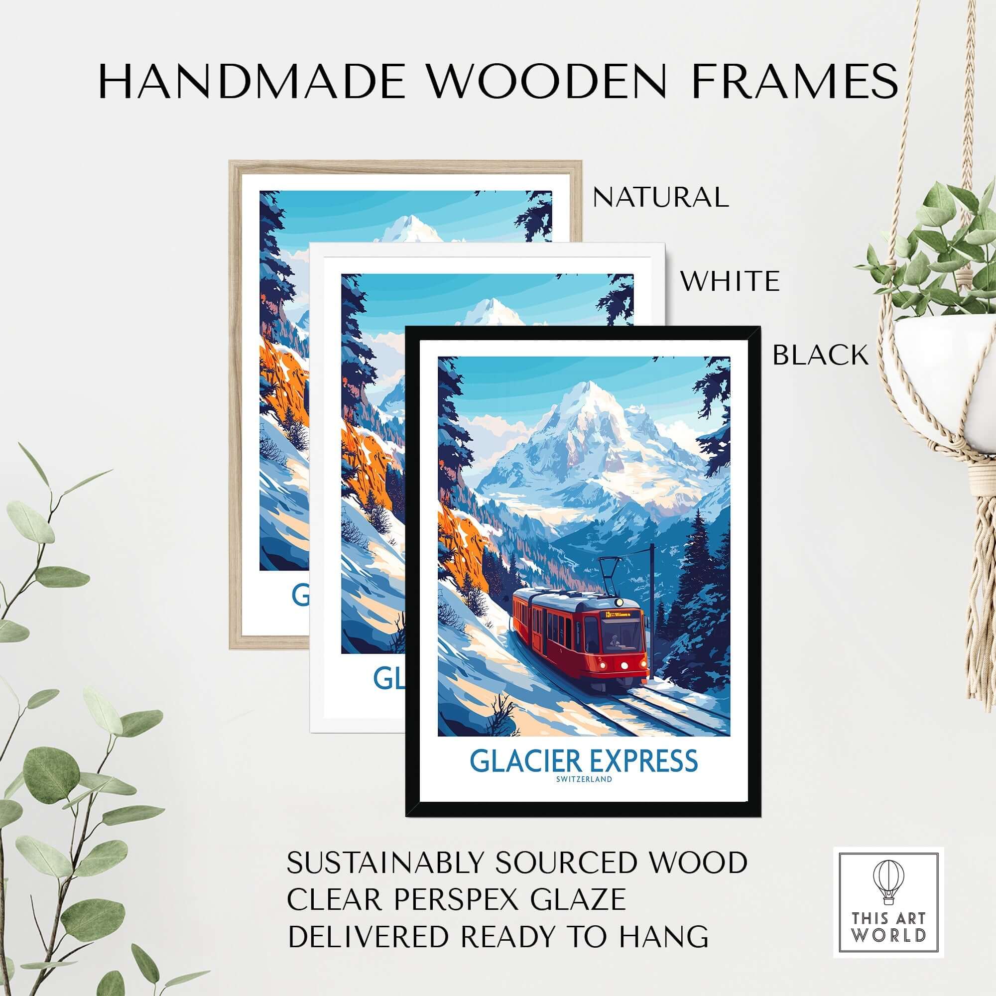 Glacier Express Travel Poster framed in handmade wooden frames: natural, white, and black options.