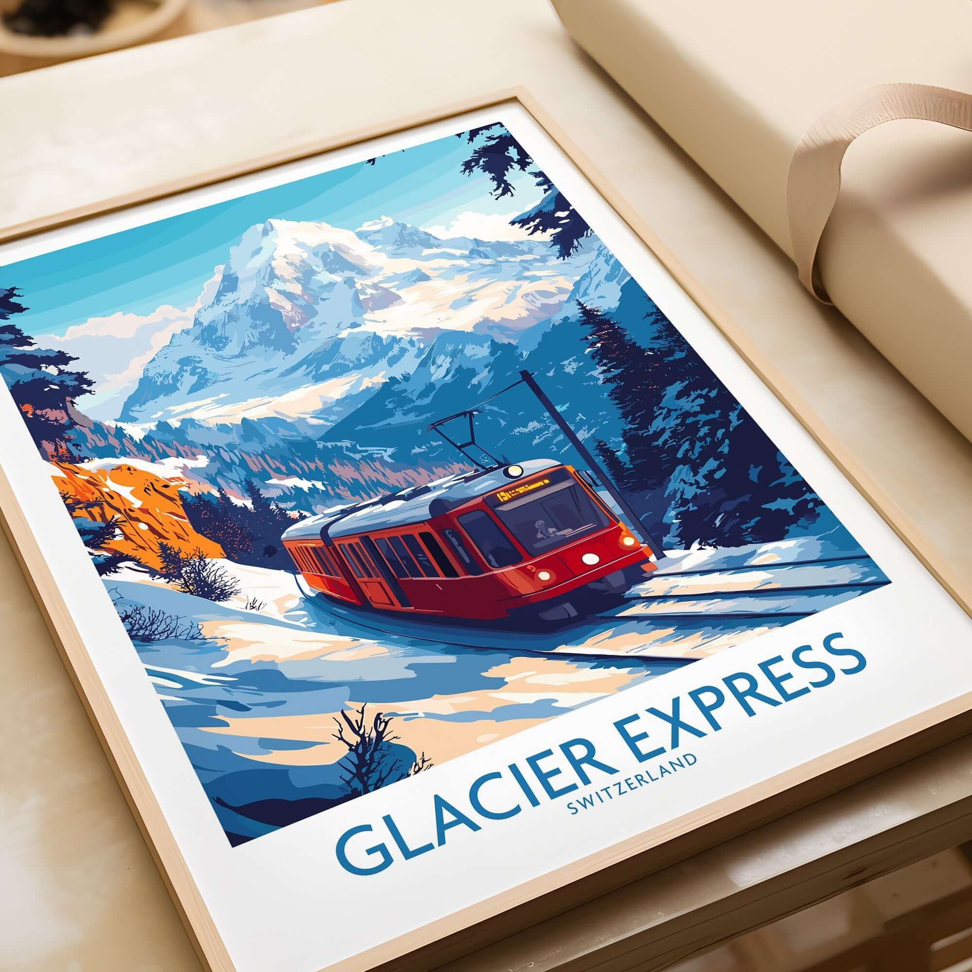 Glacier Express Travel Poster showcasing a scenic train journey through the Swiss Alps with snow-capped mountains.