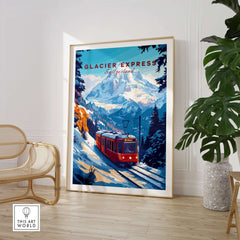 Glacier Express Travel Print featuring a red train against stunning mountain scenery in Switzerland.