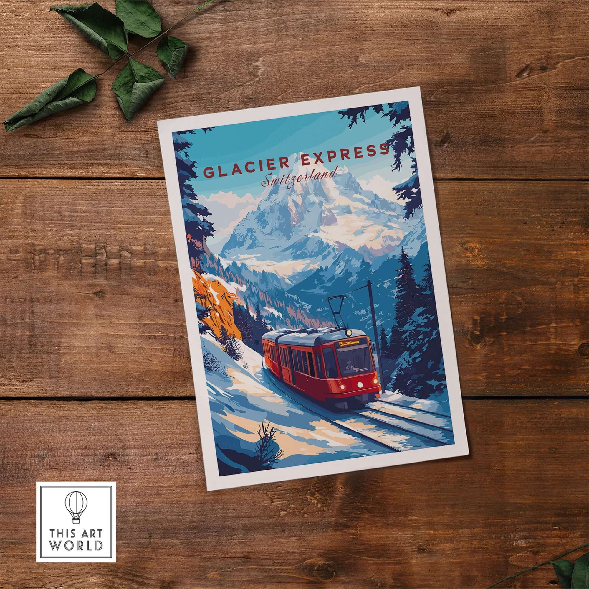 Glacier Express Travel Print featuring a scenic train journey through the Alps in Switzerland.