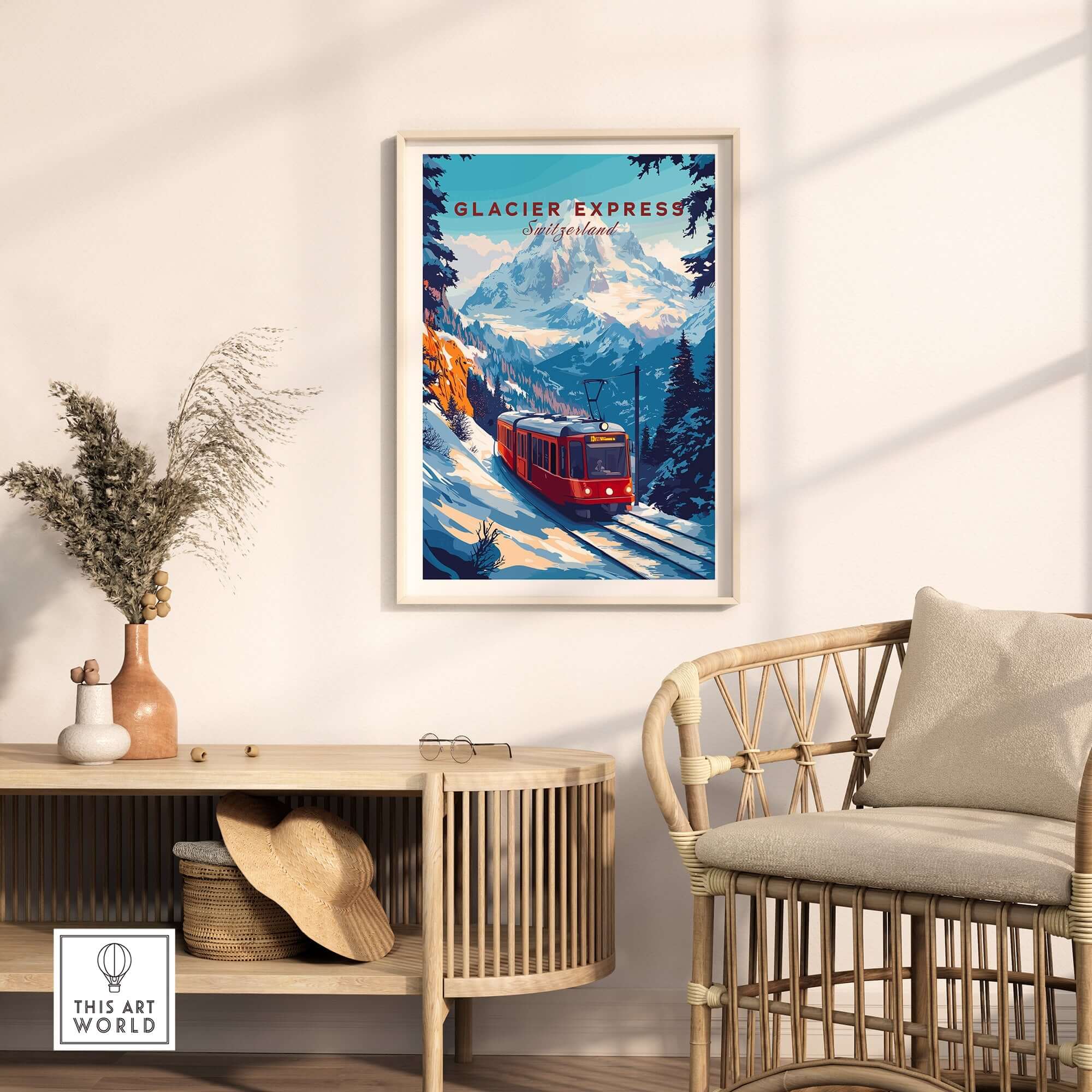 Glacier Express Travel Print showcasing a scenic train journey through the Swiss Alps in a stylish home setting.