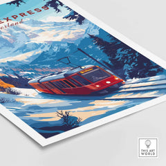 Glacier Express Travel Print showcasing a train in the snowy Alps, perfect for travel enthusiasts and home decor.
