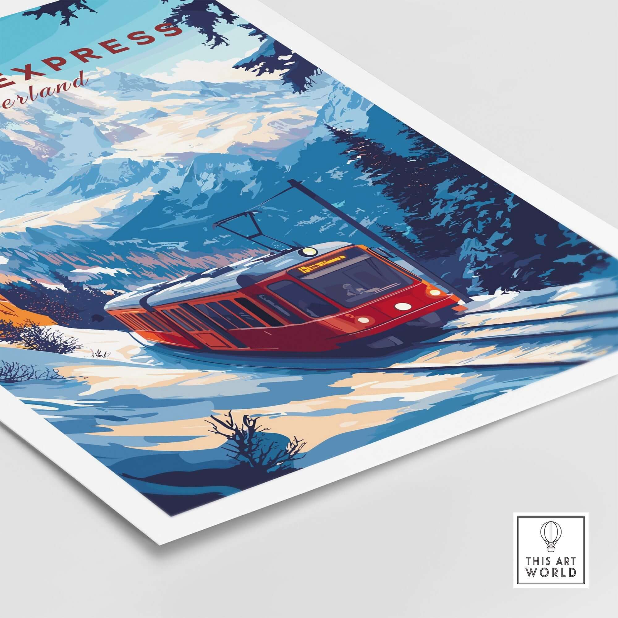 Glacier Express Travel Print showcasing a train in the snowy Alps, perfect for travel enthusiasts and home decor.