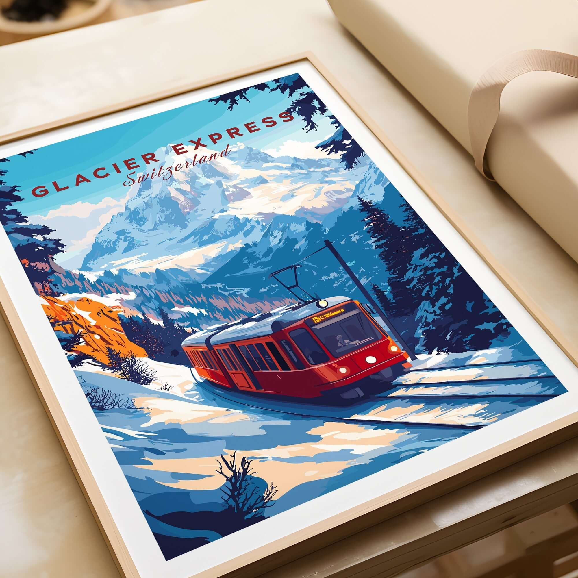 Glacier Express Travel Print featuring a scenic train journey through the Swiss Alps with majestic mountains.