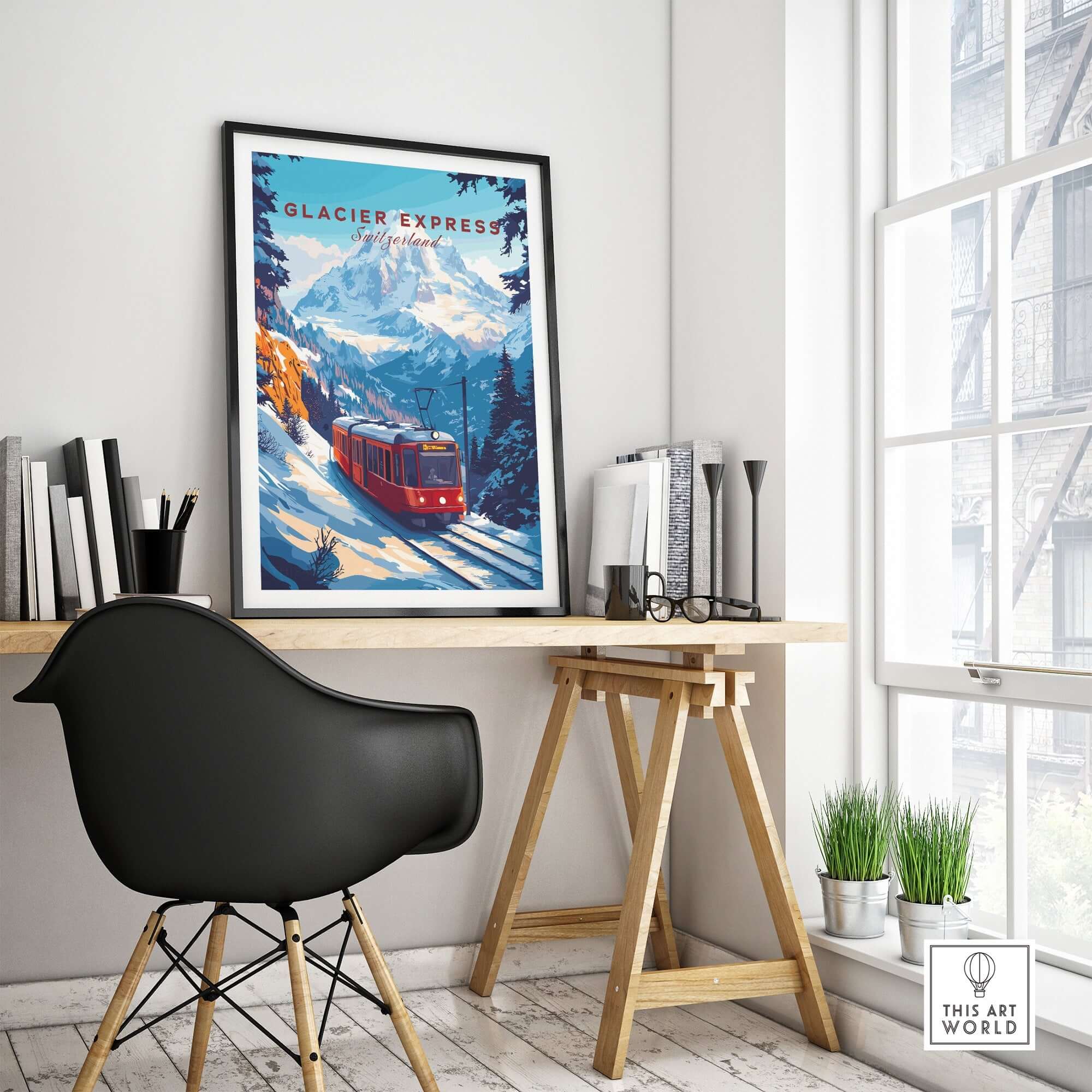 Glacier Express Travel Print featuring a scenic view of mountains and a red train in a stylish home office setting.