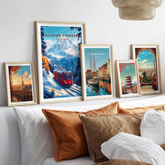Glacier Express Travel Print showcased among framed travel prints in stylish home decor