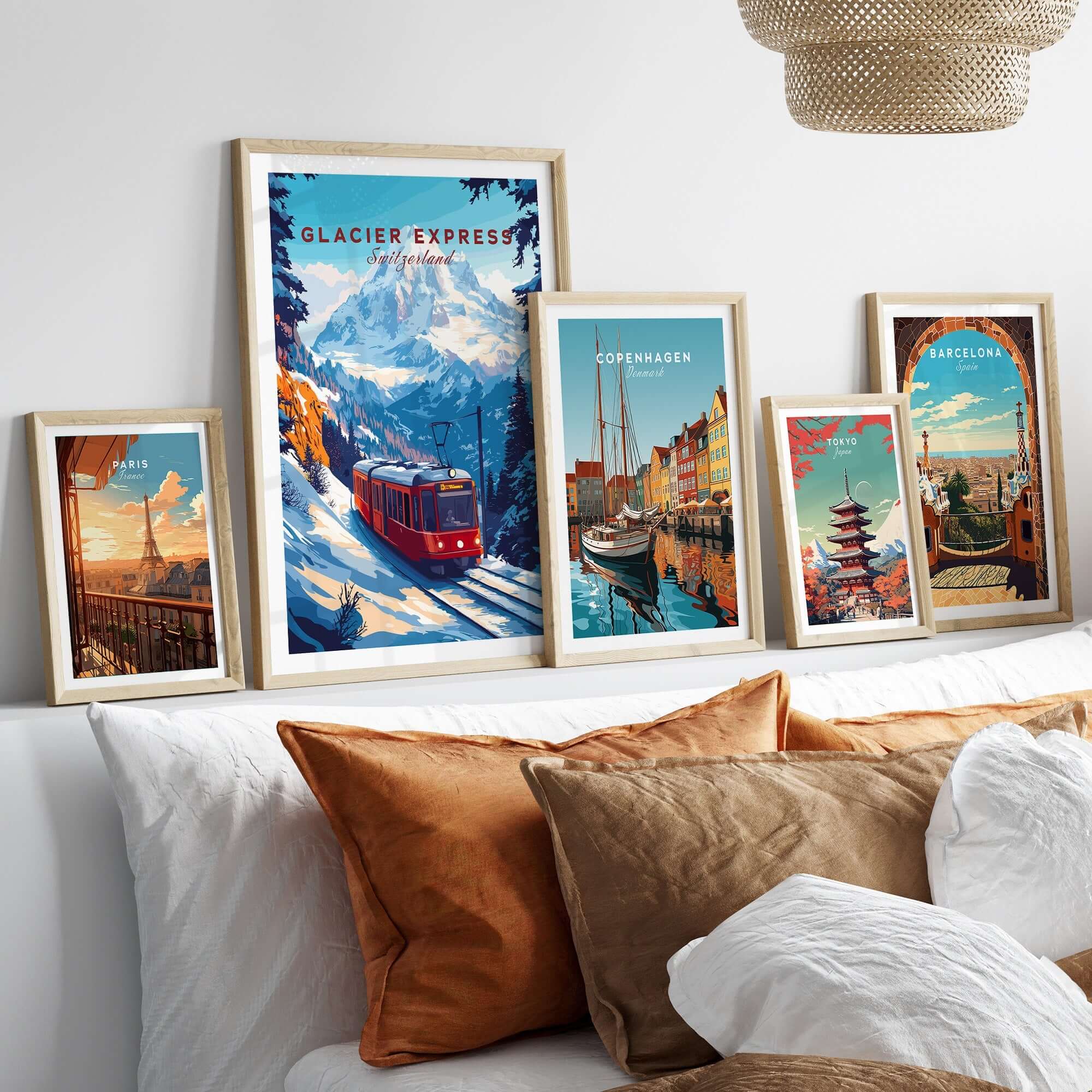 Glacier Express Travel Print showcased among framed travel prints in stylish home decor