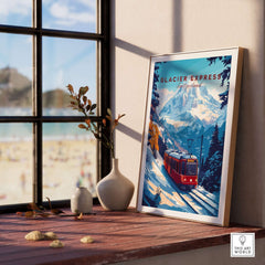 Glacier Express Travel Print showcasing a scenic train journey through the Alps in Switzerland.