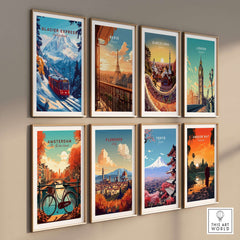 Glacier Express Travel Print showcasing stunning Alpine scenery on a wall among other city travel posters.