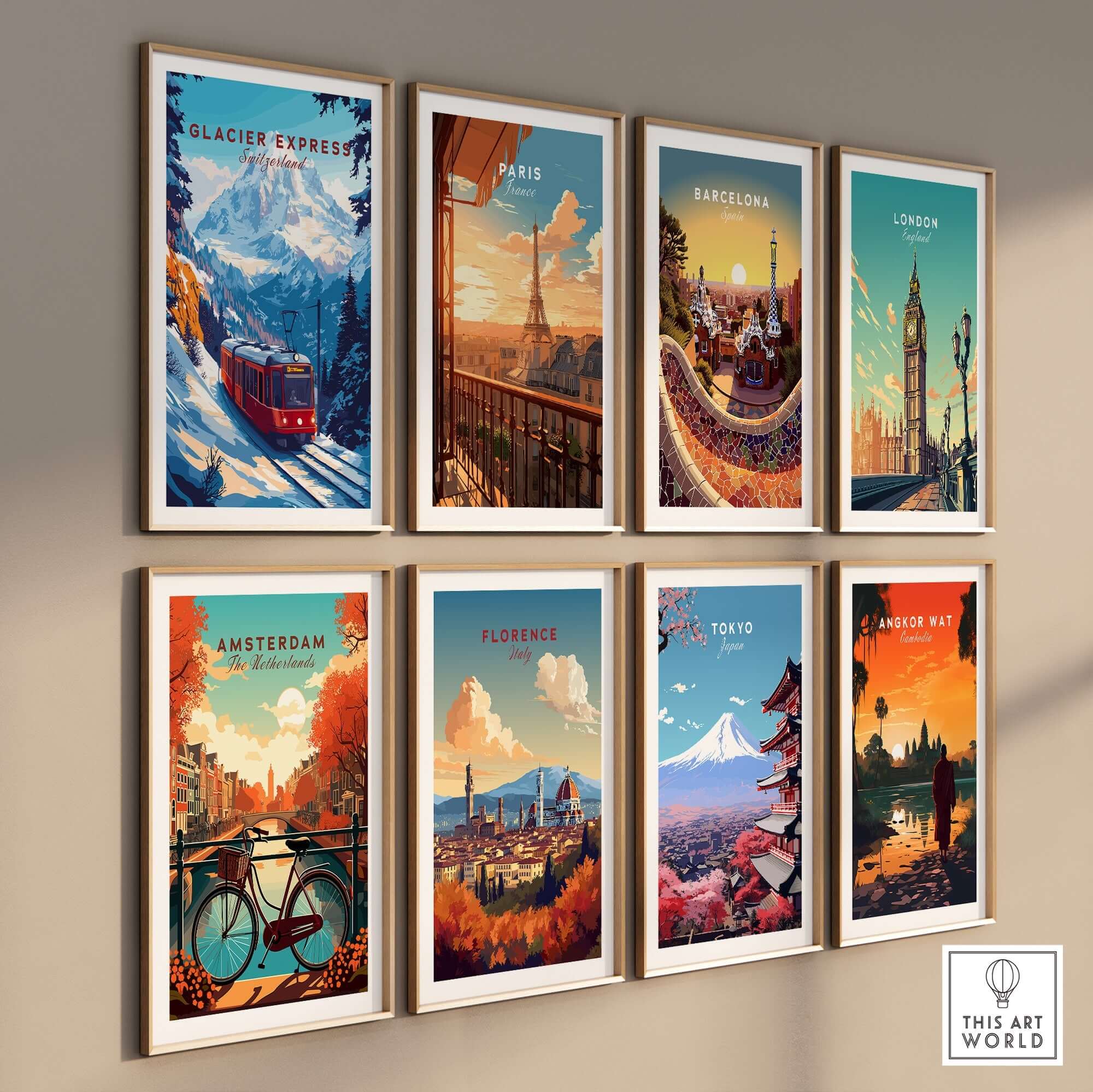 Glacier Express Travel Print showcasing stunning Alpine scenery on a wall among other city travel posters.