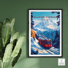 Glacier Express Travel Print featuring a scenic train journey through the Swiss Alps, perfect for travel enthusiasts.