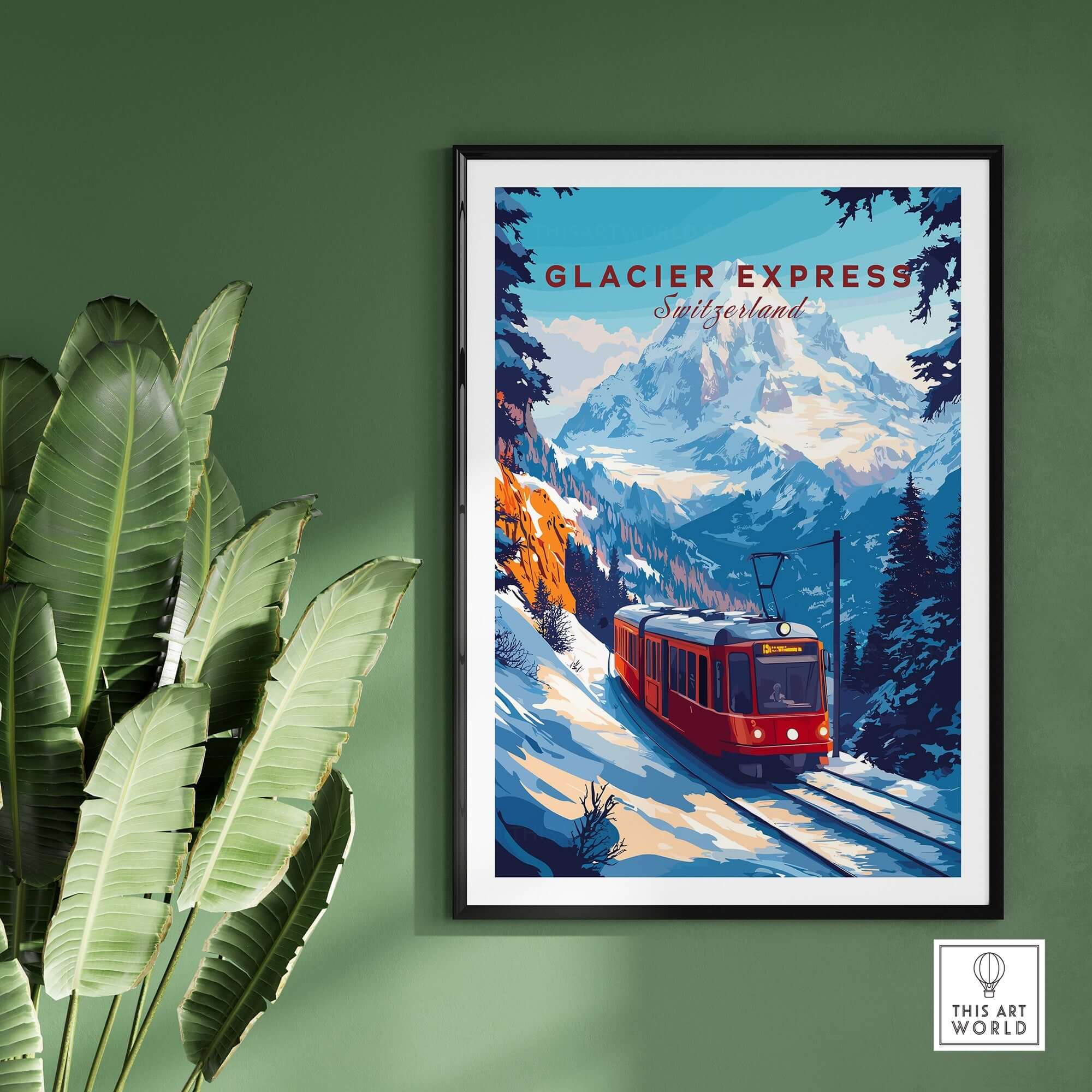 Glacier Express Travel Print featuring a scenic train journey through the Swiss Alps, perfect for travel enthusiasts.