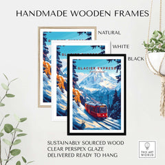 Glacier Express Travel Print framed in handmade wooden frames in natural, white, and black finishes.