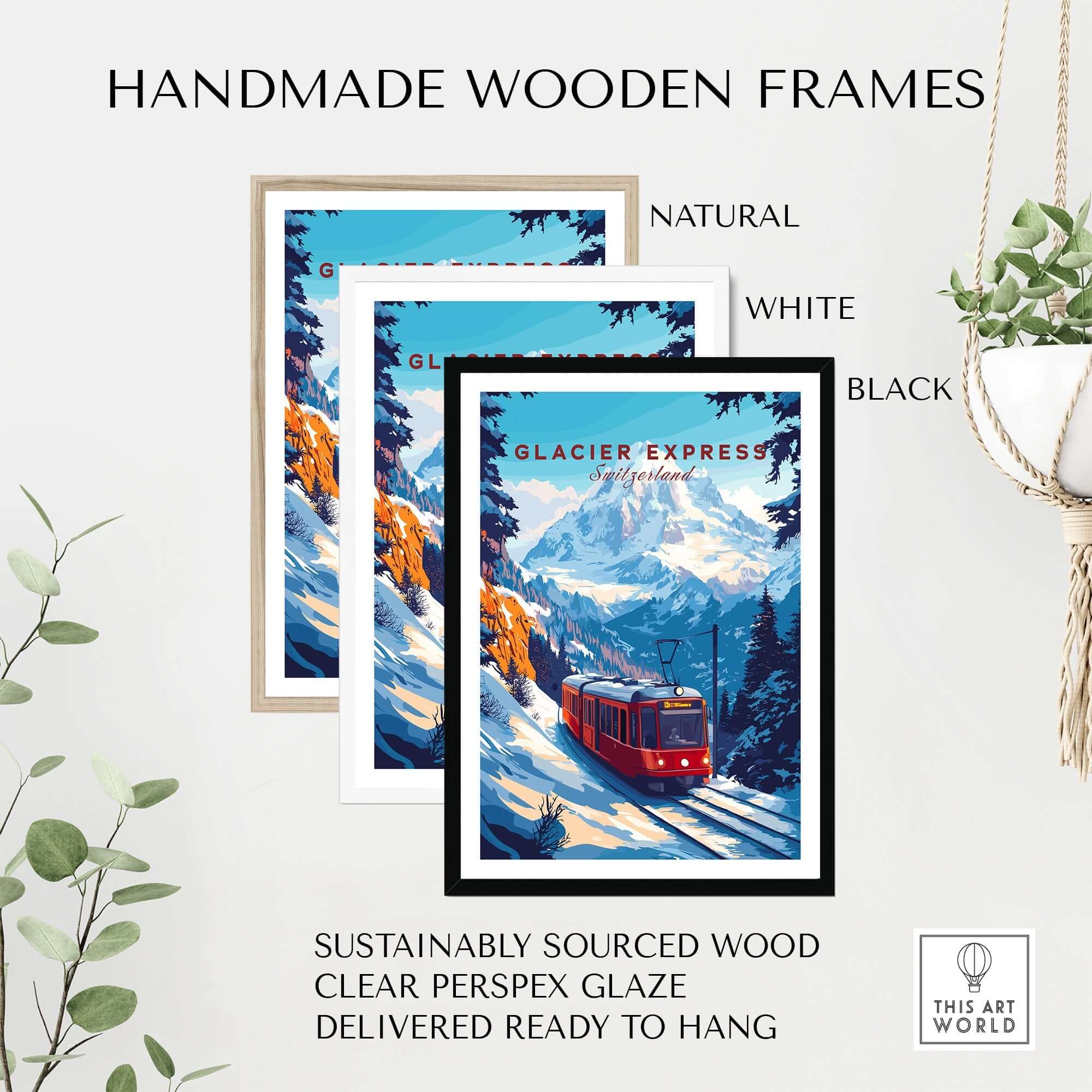 Glacier Express Travel Print framed in handmade wooden frames in natural, white, and black finishes.