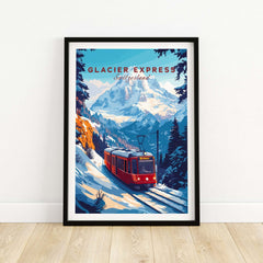 Glacier Express Travel Print featuring a colorful mountain landscape and iconic train in Switzerland.