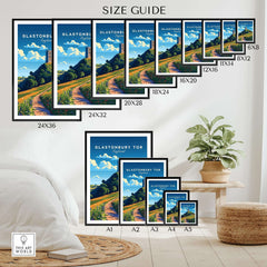Glastonbury Tor Poster size guide showcasing various frame sizes for this beautiful travel print.