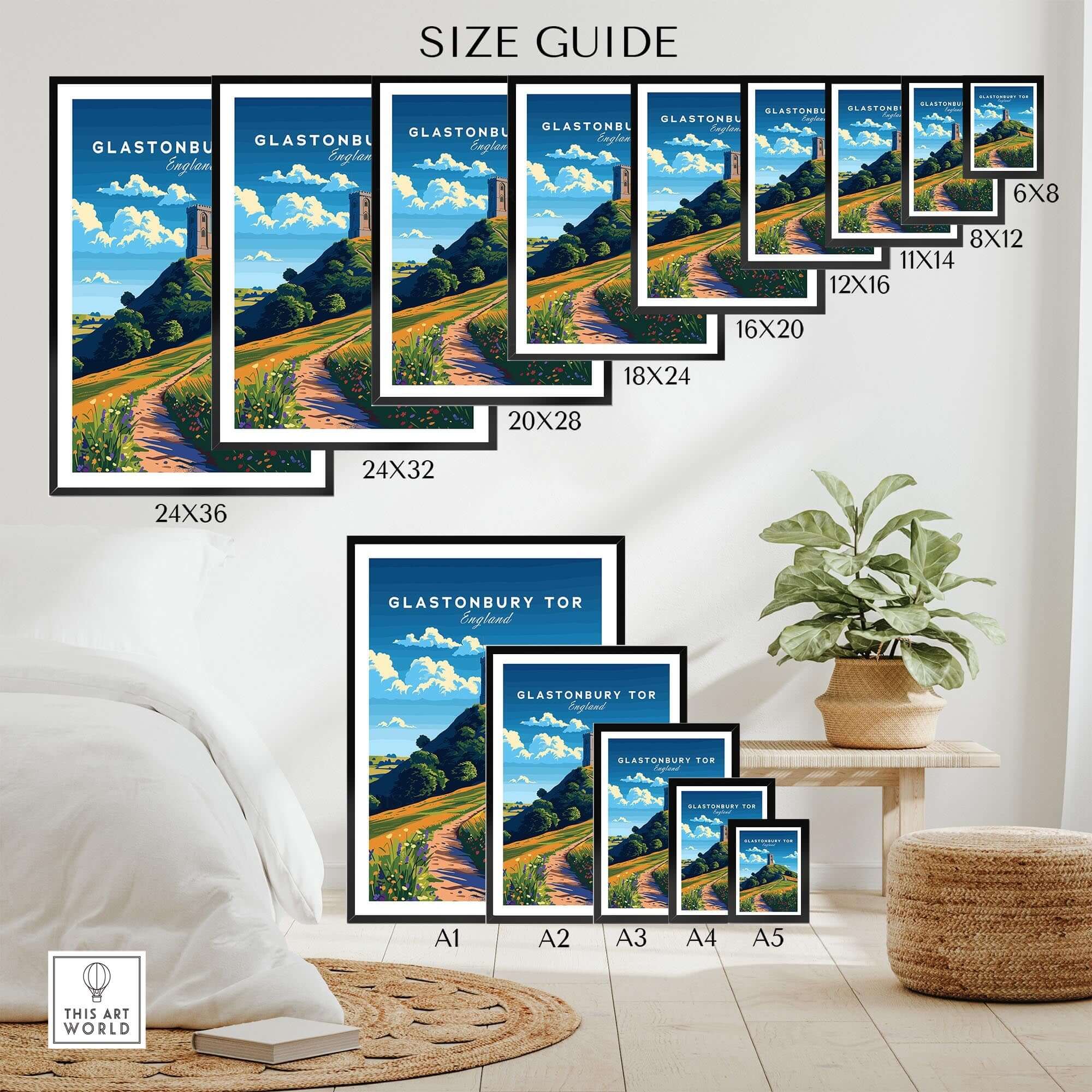 Glastonbury Tor Poster size guide showcasing various frame sizes for this beautiful travel print.