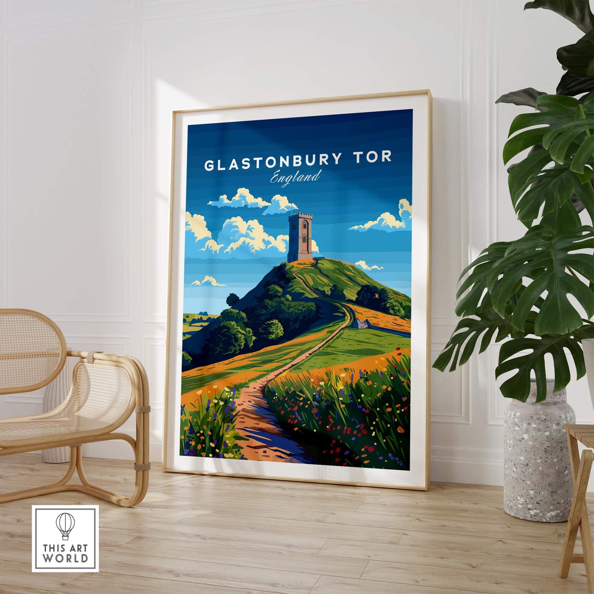 Glastonbury Tor Poster displayed in a stylish home interior, showcasing the beauty of England's Glastonbury Tor.