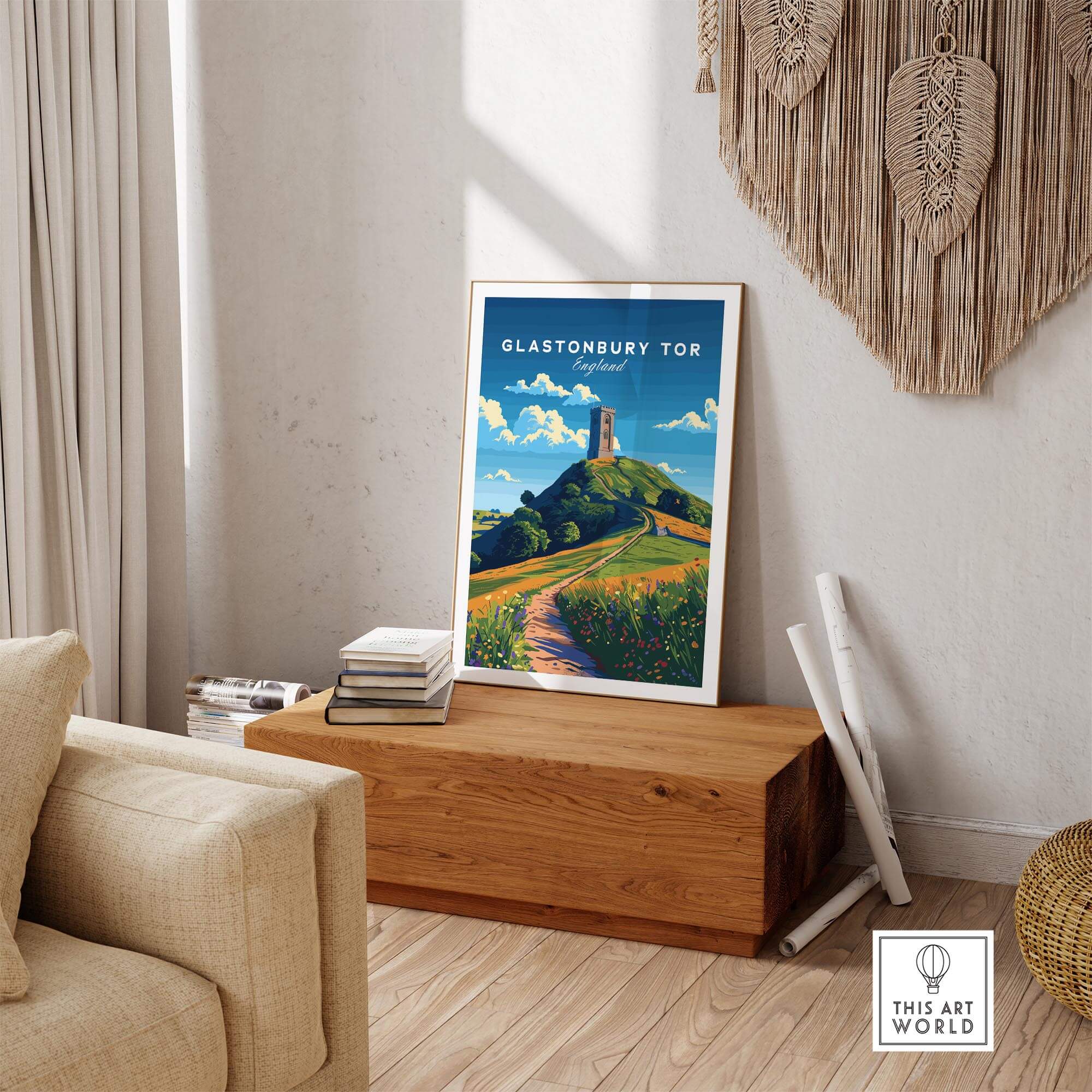 Glastonbury Tor Poster displayed in a stylish living room with natural decor and a wooden table.