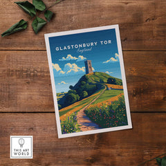 Glastonbury Tor Poster featuring the striking hills and historical tower of Glastonbury in vibrant colors.
