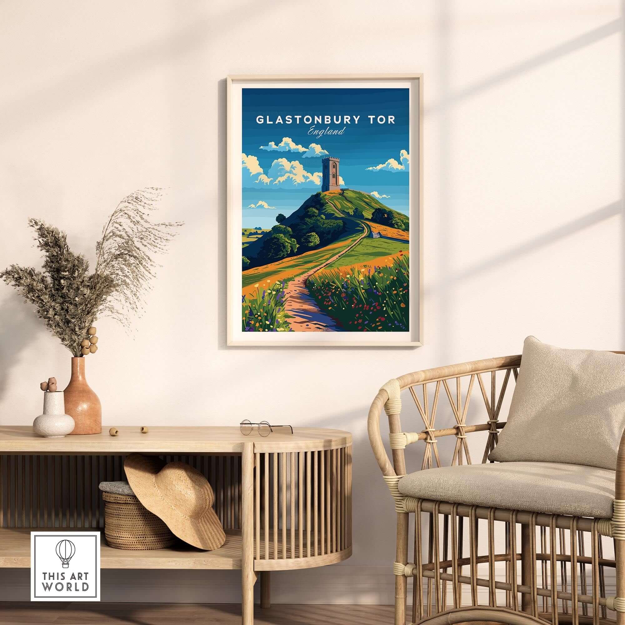 Glastonbury Tor Poster displayed in a stylish room with natural decor, capturing the beauty of Glastonbury Tor.