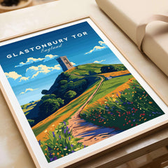 Glastonbury Tor Poster featuring a scenic view of Glastonbury Tor and vibrant landscape in England.