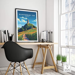 Glastonbury Tor Poster displayed in a stylish home office setting, showcasing the beauty of Glastonbury Tor.