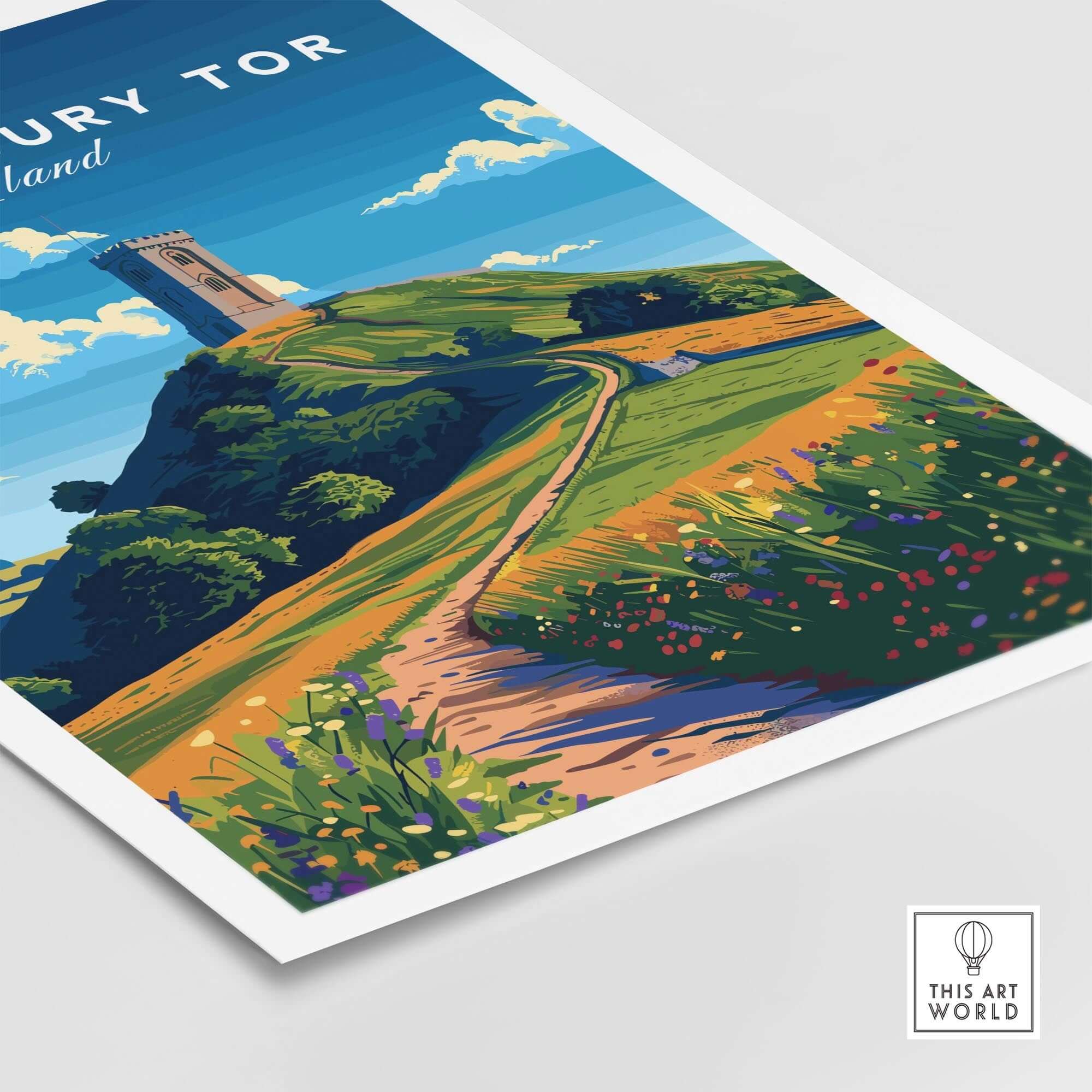 Glastonbury Tor Poster featuring the iconic Glastonbury Tor hill landscape and vibrant flora