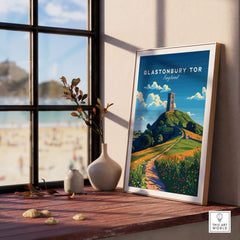 Glastonbury Tor Poster displayed in a bright room showcasing the scenic hills of England and a beautiful travel design.