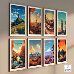 Glastonbury Tor Poster displayed among travel posters from various cities, showcasing iconic landmarks and picturesque scenes.