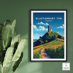Glastonbury Tor Poster showcasing the iconic hill with vibrant colors and scenic landscape of England.