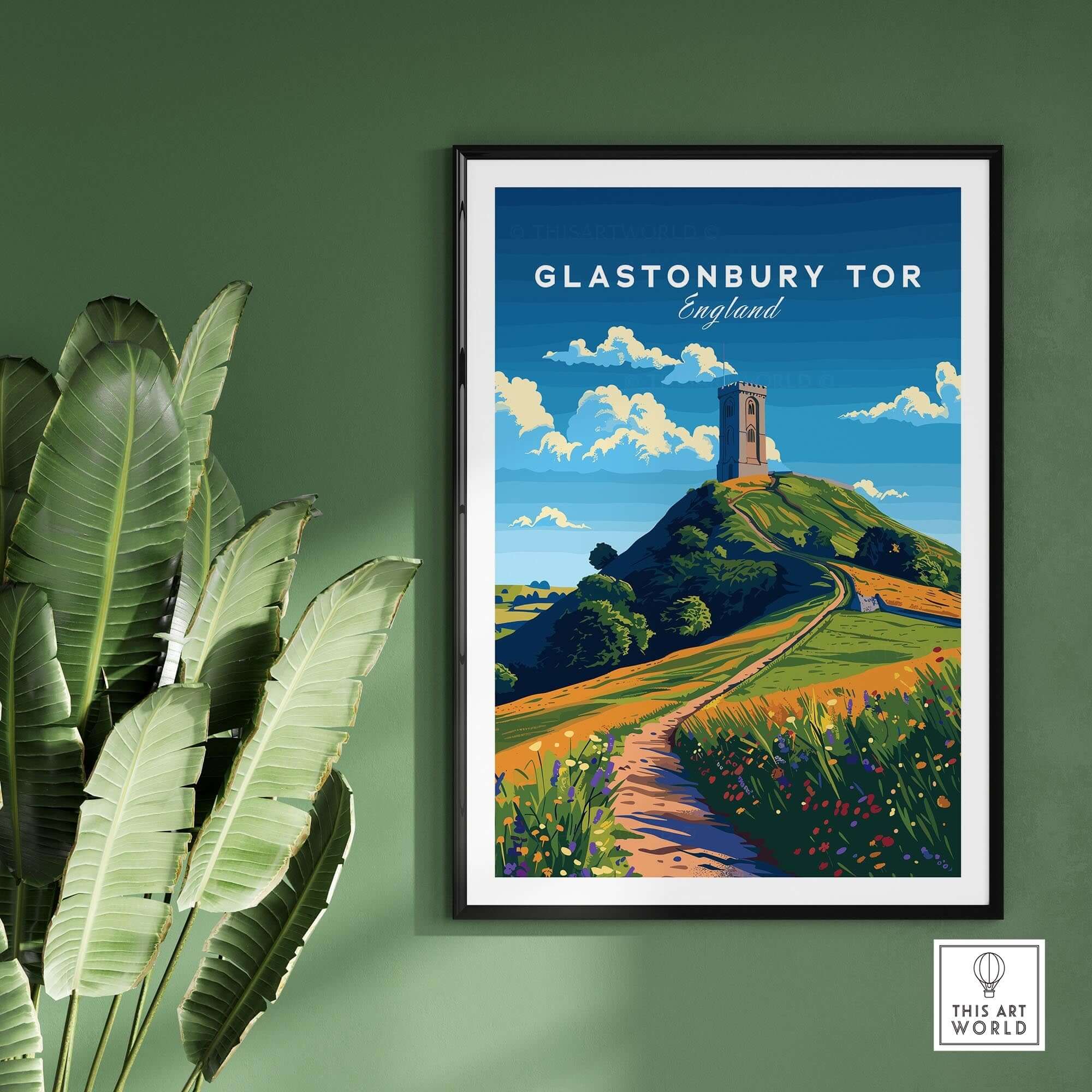Glastonbury Tor Poster showcasing the iconic hill with vibrant colors and scenic landscape of England.