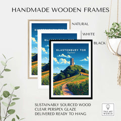 Handmade wooden frames showcasing the Glastonbury Tor Poster in natural, white, and black options.