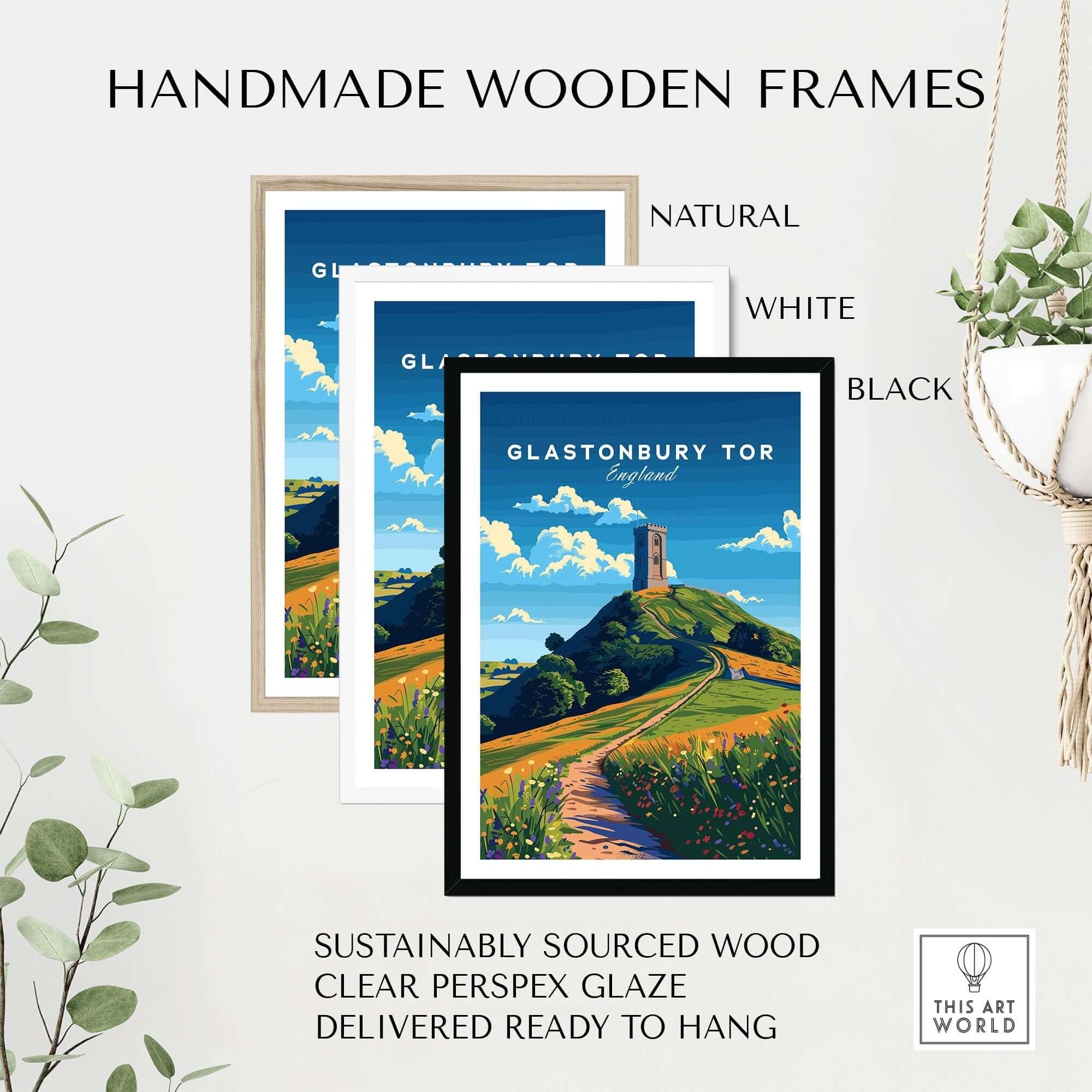 Handmade wooden frames showcasing the Glastonbury Tor Poster in natural, white, and black options.