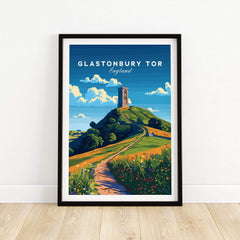 Glastonbury Tor Poster showcasing the iconic hill and tower in vibrant colors, perfect for home or office decor.