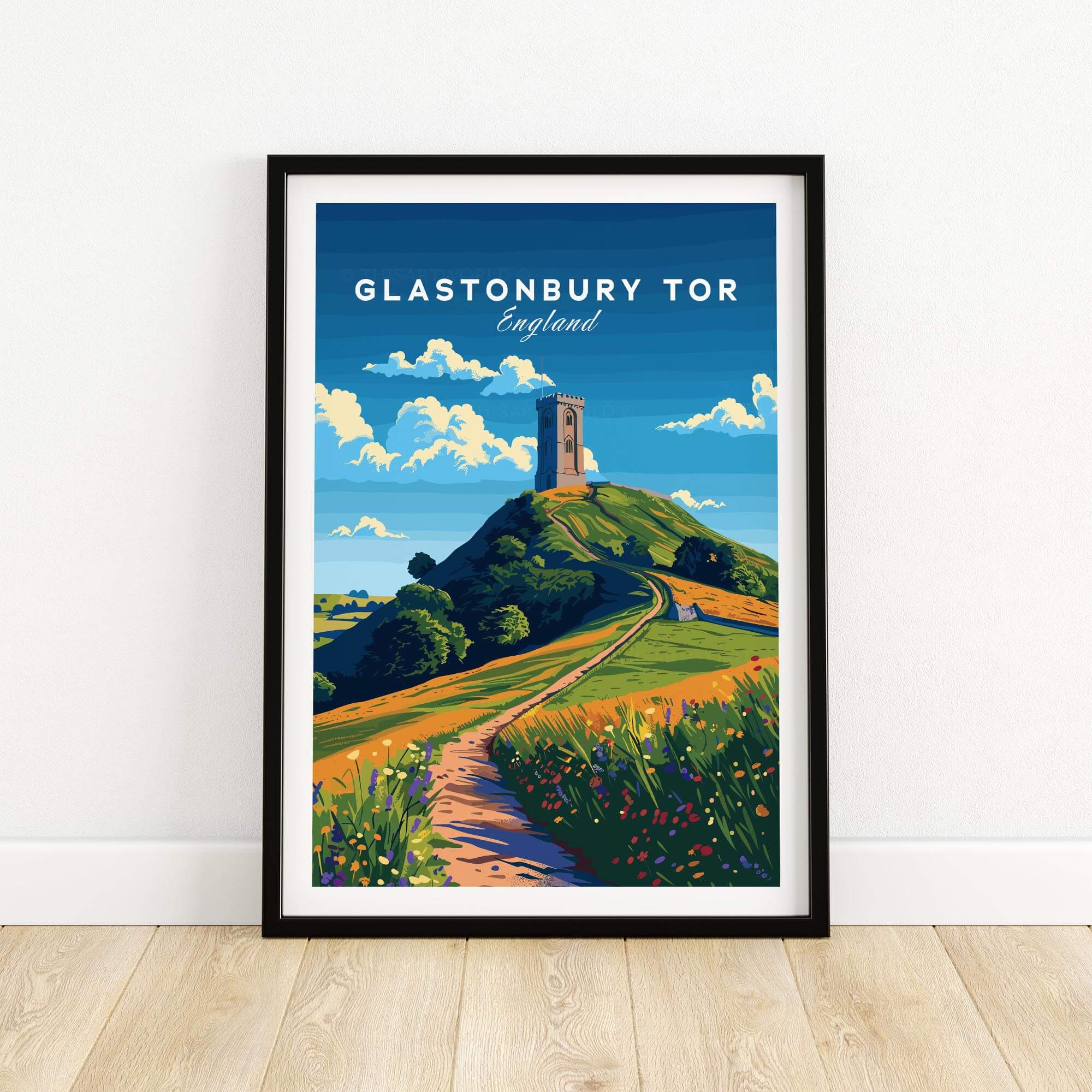 Glastonbury Tor Poster showcasing the iconic hill and tower in vibrant colors, perfect for home or office decor.