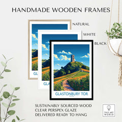 Handmade wooden frames for Glastonbury Tor Wall Art Print in natural, white, and black finishes.
