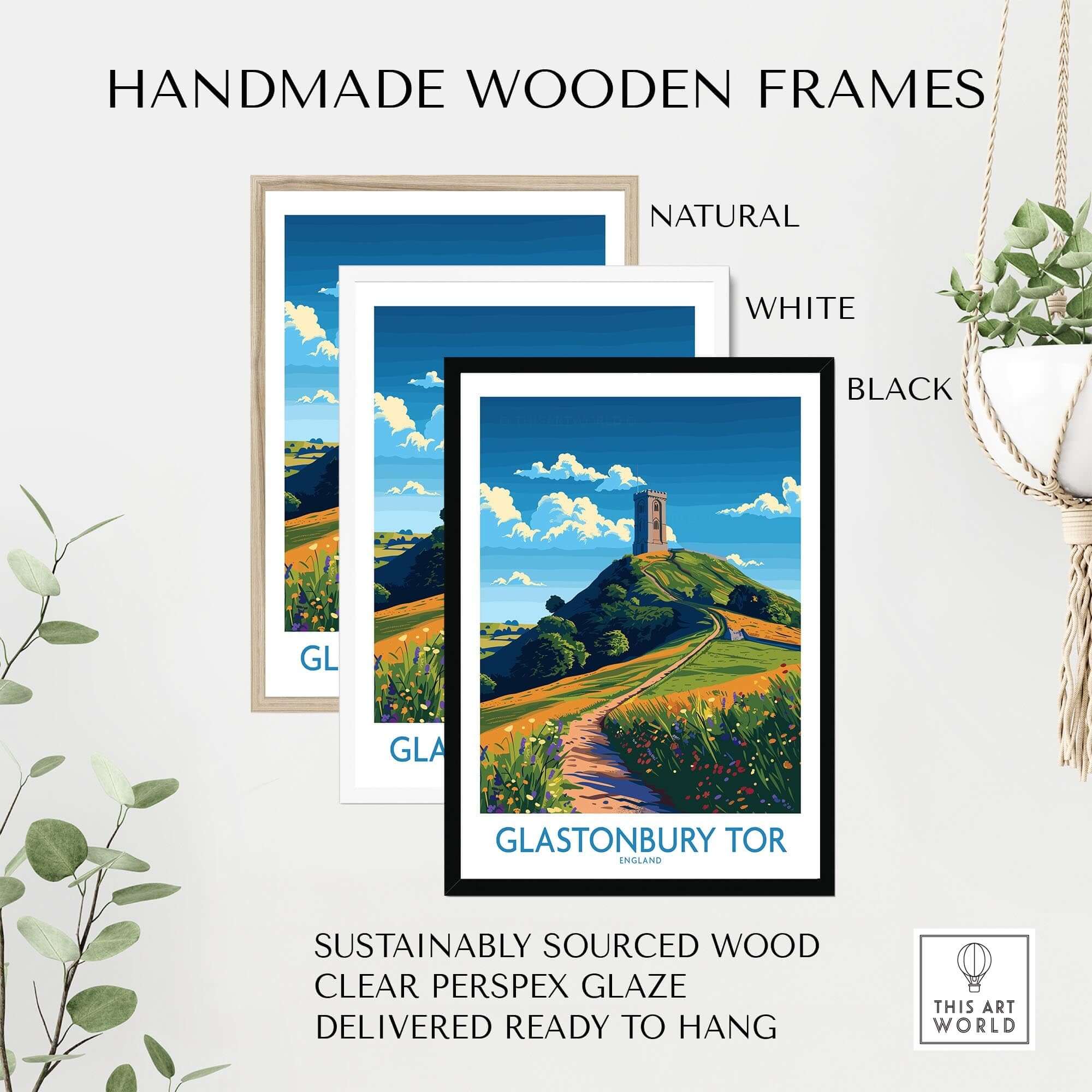 Handmade wooden frames for Glastonbury Tor Wall Art Print in natural, white, and black finishes.