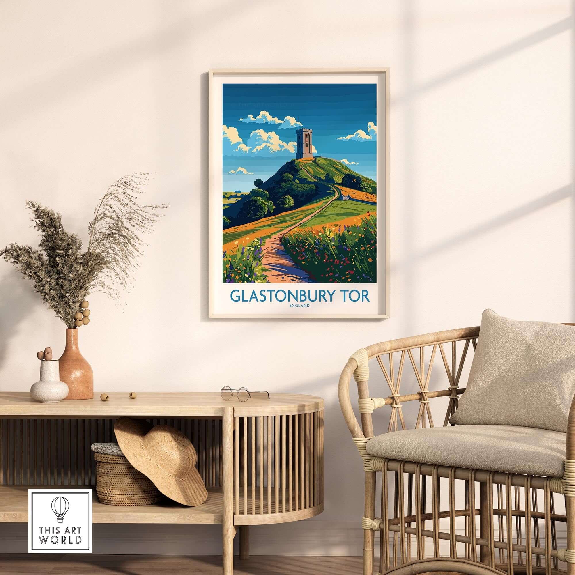 Glastonbury Tor Wall Art Print displayed in a stylish living room setting.