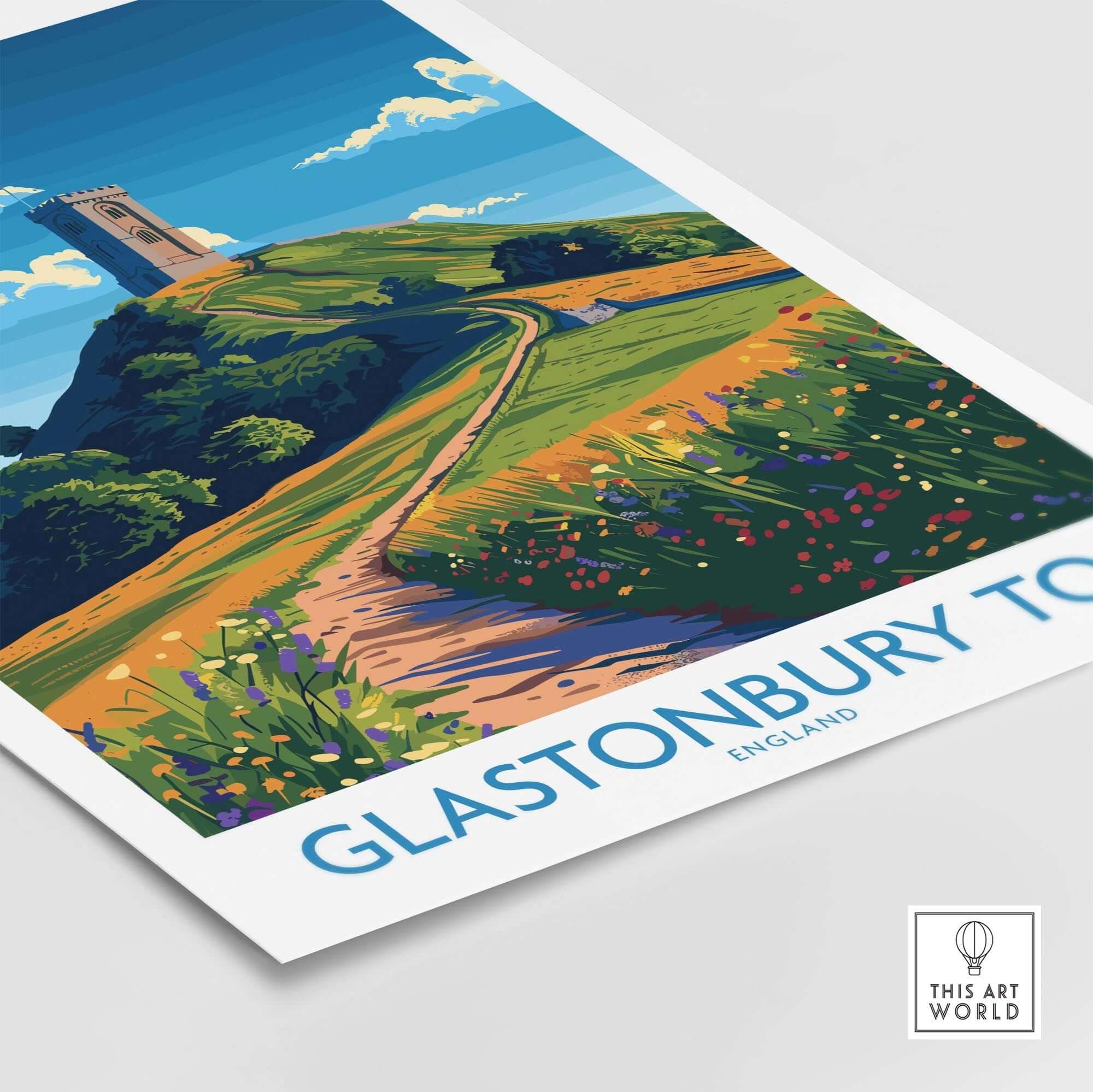 Glastonbury Tor Wall Art Print showcasing the iconic landscape and tower of Glastonbury Tor, perfect for home decor.