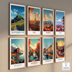 Glastonbury Tor Wall Art Print alongside travel posters of Paris, Florence, Tokyo, Reykjavik, Amsterdam, Copenhagen, and Barcelona.
